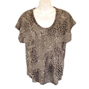 REBECCA TAYLOR Leopard tee, tan / taupe, cap sleeve, round tail. S